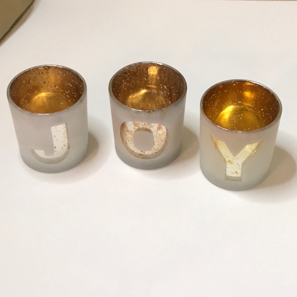 CANDLE GLASS VOTIVE HOLDER SET OF 3 SPELLS J0Y GOLD AND SILVER SPARKLE.  FROSTED - Picture 8 of 9